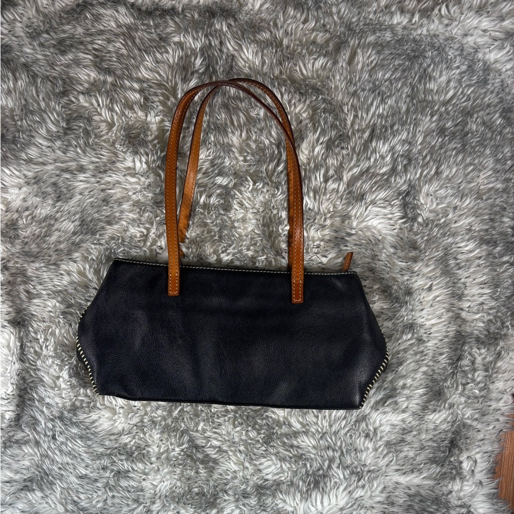 Ann Taylor Black Leather-Texture Shoulder Purse Bag with Brown Straps